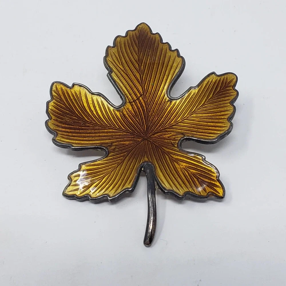 Maple Leaf Enamel Orange Yellow Silver Tone Brooch